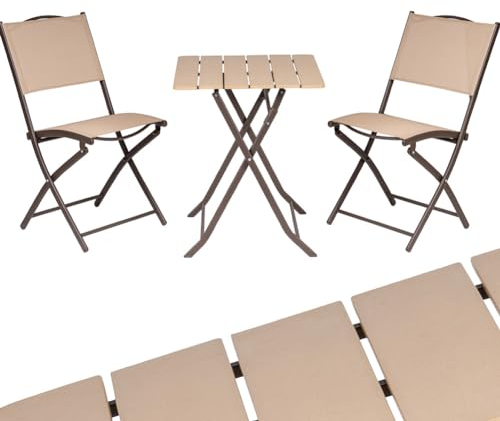 BAKAJI Set Klapptisch mit 2 Stühlen, Bezug aus Textilene, klappbar, mit Stahlgestell und Tisch aus PE in Holzoptik, für Außenbereich, Terrasse, Balkon, UV-beständig (Beige)