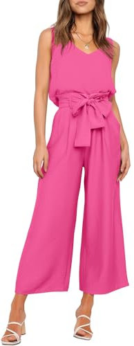 FANCYINN Damen Sommer Zweiteiliges Outfit Jumpsuit Festlich Hochzeit Lang Hosenanzug Ärmelloses Rundhals Tanktop Gekürzte Weites Bein Hose Playsuit Rose Rot XL