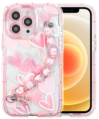 YEPO For iPhone 12 Pro Max Case Cute Wrist Strap, Pink Heart Design Soft TPU Shockproof Protective Clear Mobile Phone Cases for iPhone 12 Pro Max Girls Women