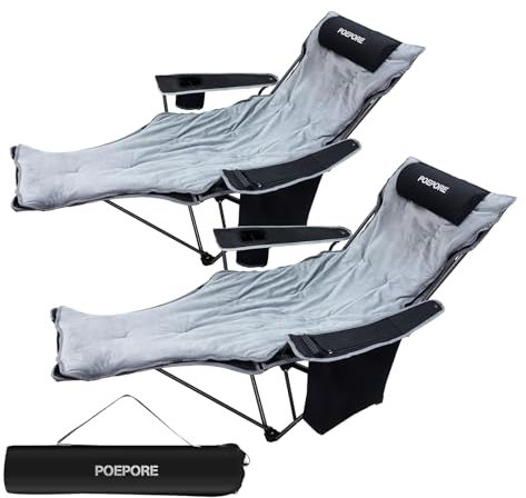 POEPORE Campingstuhl 2er Set Faltbar mit Fußstütze 4-Fach Campingstühle Strandstuhl Liegestuhl für Erwachsene 120kg Klappbarer Angelstuhl mit Kühltasche Wattepad Kissen Getränkehalter Schwarz