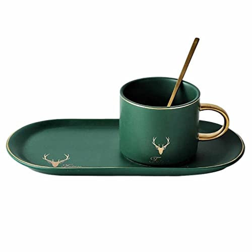 OUSIKA Nordic Style Light Luxury Elk Ceramic Coffee Cup Long Oval Saucer Sets With Teaspoon Afternoon Tea Mug Teacup Dessert Plate Kits