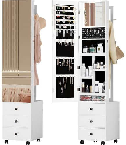 IRONCK Armoire à bijoux avec 3 tiroirs, armoire à bijoux verrouillable avec porte-vêtements, miroir pleine longueur avec rangement à bijoux et 4 roues pour chambre à coucher, vestiaire, blanc