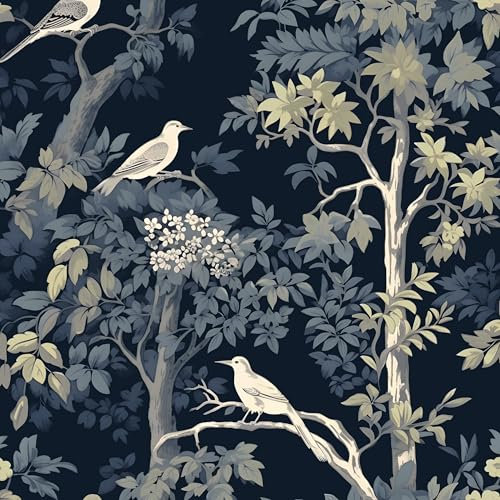 Dark Blue Bird Wallpaper Peel and Stick, Yellow Trees Forest Contact Paper, Waterproof Self-Adhesive Woodland Wall Paper for Bedroom Countertop Desk Cabinets Decor 17.4 x 118 Renter Friendly