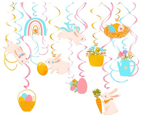 NICROLANDEE Osterparty Dekorationen – 30 Stück hängende Oster Wirbel Dekorationen, Ostereierhasen Folienwirbel Deckendekoration für Zuhause, Büro, Schule, Frühlings Oster Party, Geburtstagsparty