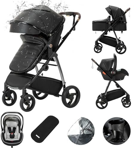Kakbgee Leder 3-in-1 Kinderwagen, Kombi-Kinderwagen mit ECE R129 Babyschale, Buggy mit Einhand-Klappfunktion, Aluminium-Rahmen, Moskitonetz, Hochliegende Tragetasche für Neugeborene 0-4 Jahre