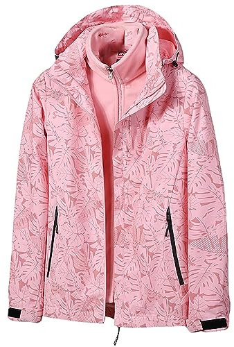 Manteau à Capuche Double épaisseur imprimé érable pour Femme, Couleur Unie, Coupe-Vent et imperméable, Veste d'extérieur Respirante, Automne et Hiver Veste en Jean Femme Noir Courte Veste (Pink, XXL)