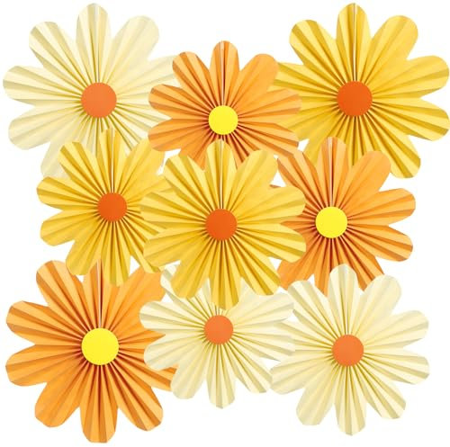 SUNBEAUTY 9 PCS Daisy Party Decorations Orange Yellow Paper Flowers Decorations Spring Floral Haning Paper Fans Blooming Dasiy Flower for Classroom Birthday Baby Shower Home Wall Backdrop