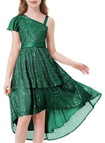 LOLANTA Mädchen Paillettenkleid Elegantes Prinzessin Partykleid Glitzernd Ärmellos Schulterriemen Kleider, Grün, 7-8 Jahre, 130
