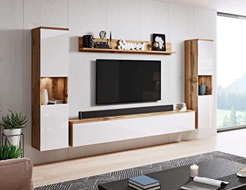 Moderne Entertainment Center Wohnwand mit 2x Schränken PARMA 4-teiliges Möbelset in Wotan Eiche/Weiß glänzend hängend oder stehend Lowboard Wandboard Stilvolle Wohnzimmer Aufbewahrungslösung