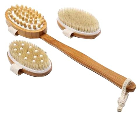Massagegerät mit Langem Griff, Bambus, 3 Bürsten, 1 Griff | Trockenbürsten Körperbürste, Peelingbürste mit Abnehmbarem Griff, Körperpflegezubehör