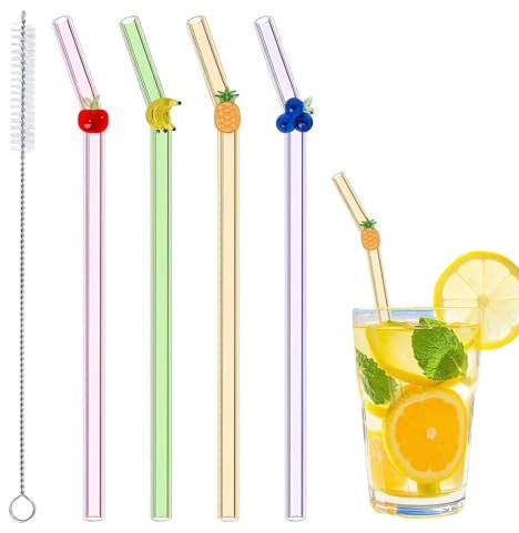 4 Pcs Glass Straws with 1 Cleaning Brushes, Cute Colorful Fruit Drinking Straws Shatter Resistant, Reusable Straws Dishwasher Safe for Favors Fruit Lover, Juice, Summer Beach, Birthday Party