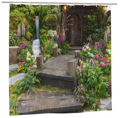 Newhomestyle Duschvorhang für den Außenbereich, Garten, Blume, Sommer, Steintreppe, Badezimmer, Frühling, wasserdicht, Badewannen-Duschvorhang, schnell trocknend, Badvorhang mit 12 Haken, 180 x 180 cm