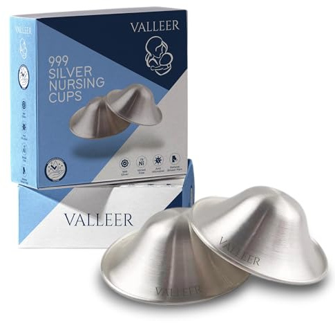 VALLEER® Pure Silver Nursing Cups – 925 Silver Nipple Shields for Breastfeeding – Soothes & Protects Sore or Cracked Nipples – Hypoallergenic & Reusable Nursing Essentials (999 Silver - XL Size)