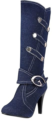 Scarpe da donna oversize invernali in denim spesso tacchi alti fibbia della cintura stivali alti bambini stivali lunghi stivali, Blu, 42 EU