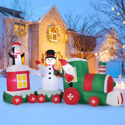 GYMAX 350 cm Weihnachts-aufblasbarer Zug, Weihnachtsdeko aufblasbar mit Weihnachtsmann, Schneemann, Pinguin & 7 LED-Lichtsets, LED Licht Weihnachtsfiguren Deko für Hof, Garten & Rasen