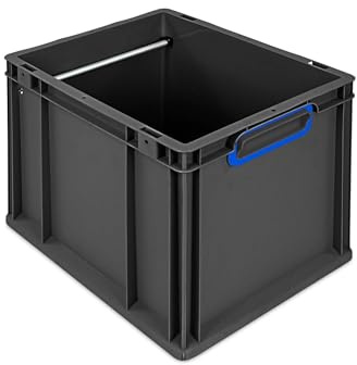 PROREGAL Hängeregisterbox NextGen | HxBxT 32x30x40cm | 30 Liter | Griffe blau geschlossen | Schwarz | Eurobehälter, Transportbox, Transportbehälter, Stapelbehälter, Eurobox