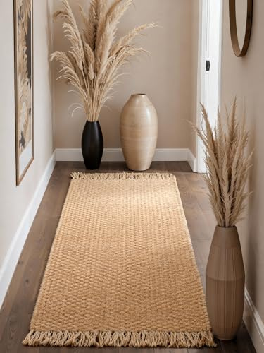 Hanse Home Fjord Juteteppich - Natur Wohnzimmerteppich aus 100% Jute, Handgewebt, Fransen, Robust & Pflegeleicht, Moderner, Boho Naturfaser Teppich für Wohnzimmer, Schlafzimmer - Natur Gold, 80x300cm