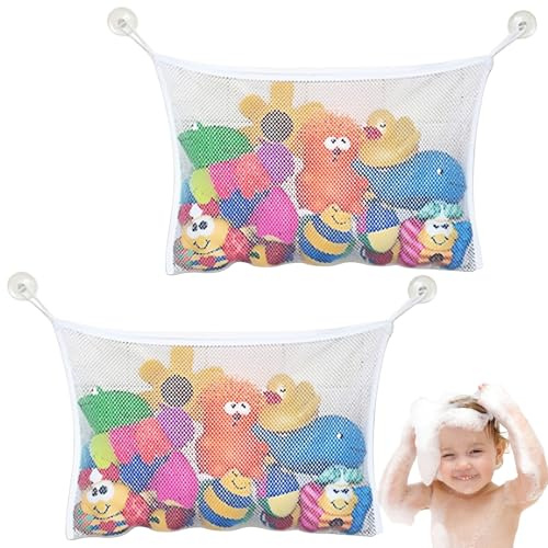 MNYXIS Bolsa Juguetes Bañera, Pack de 2 Organizador de Juguetes de Baño (34x45 cm) con Ventosas Fuertes, Red de Almacenamiento para Juguetes Bañera Bebe, Malla de Secado Rápido y Transpirable