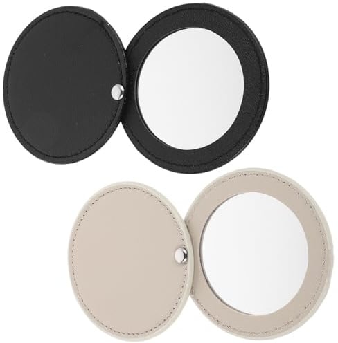 OATIPHO 2 Stück Tragbarer Runder Kleiner Schminkspiegel aus Pu Leder mit Komfortablem Handgriff Faltbarer Taschenspiegel für Reisen und Täglichen Gebrauch in Elegantem Schwarzem Design