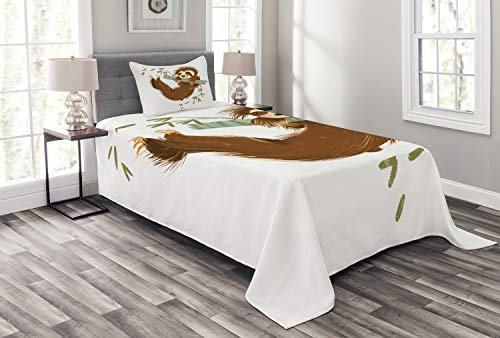 ABAKUHAUS Faultier Tagesdecke Set, Fröhlich Tier auf Baum, Set mit Kissenbezügen Waschbar, für Einzelbetten 170 x 220 cm, Khaki Grau