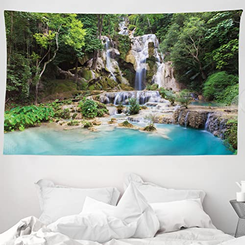 ABAKUHAUS Wasserfall Wandteppich und Tagesdecke, Laos Vietnamesisch See aus Weiches Mikrofaser Stoff Waschbar ohne Verblassen Digitaldruck, 230 x 140 cm, Grün Blau