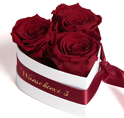 ROSEMARIE SCHULZ Heidelberg Infinity Rosenbox Herz Wunschtext personalisiert - 3 ewige Rosen dunkelrot in Box 10x12cm haltbar 3 Jahre - persönliche Geschenk Freundin (Wunschtext, Burgundy)