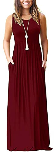 AUSELILY Damen Sommer Ärmelloses Lockeres Maxikleid Lässiges Langes Kleid mit Taschen Weinrot M