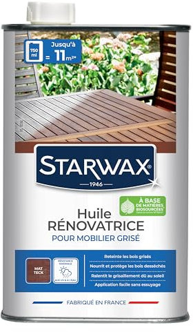 STARWAX - Huile Rénovatrice pour Mobilier de Jardin en Bois - Ravive & Reteinte les Bois - Coloris Teck - Protection Longue Durée - Séchage Rapide - Fabriqué en France - 750 ml - Jusqu'à 11m²