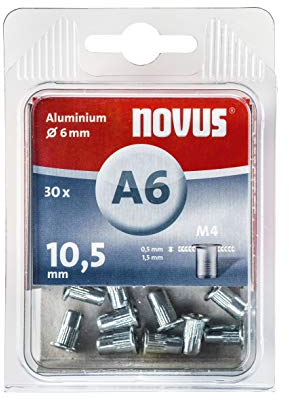 Novus 045-0075 A6 Blindnietmutter Ø6 mm Aluminium, 30 Nietmuttern, M4 Gewinde, 10.5 mm Länge, für Kunststoff und Leichtbaumaterial, Silber