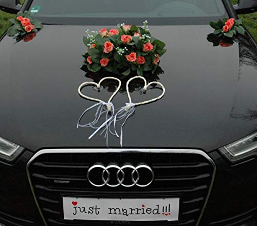 ECHTER ROSESTRAUSS Autoschmuck Braut Paar Rose Deko Tauben Herze Dekoration Hochzeit Car Auto Wedding Deko (Rosa + Herzen)