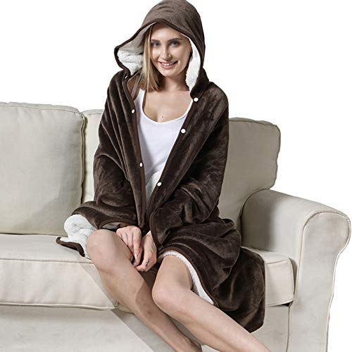 malyituk Sherpa Poncho Decke Super weich mit Schicht Mütze, mit Ärmeln 2-in-1 Ärmeldecke Kissen Supersized mit Fußtasche Kaffee, 59 x51
