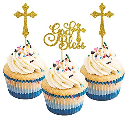 WeBenison 24 x Cupcake-Dekorationen God Bless für Erstkommunion, Party, Cupcake-Zubehör, Babyparty, Party-Dekorationen, Bless This Child Cupcake-Topper/Gold-Glitzer