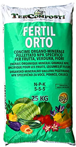 TERCOMPOSTI FERTIL ORTO CONCIME ORGANO MINERALE CON ZOLFO PELLETTATO CONSENTITO IN AGRICOLTURA BIOLOGICA KG. 25