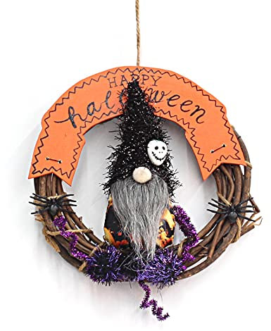SacJkt Halloween Kranz Deko 2024, Klein Halloween Türkranz, Halloween Wandkranz aus Rattan mit Zauberer Hexe Geist Spinne Schädel für Haustür, Wanddekoration, Party, Halloween Deko, 20cm