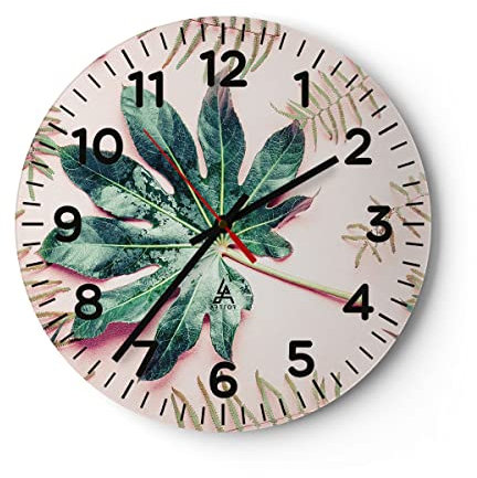Modern Wanduhr Blatt Tropisch Palme 30x30cm Rund Klein Wand Uhr Glas Analog Zimmeruhren Küche Büro Wohnzimmer Glasuhr Wall Clock Dekoration Design Wanddekoration Küchenuhr C4AR30x30-4314