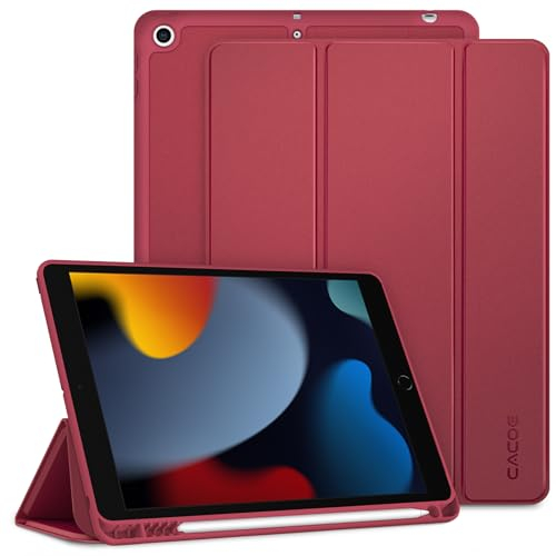 CACOE Hülle für iPad 9./8./7. Generation mit Stifthalter 10.2 Zoll Modell 2021/2020/2019, Ultradünne Schutzhülle aus TPU mit Standfunktion für iPad 10.2, Rotwein