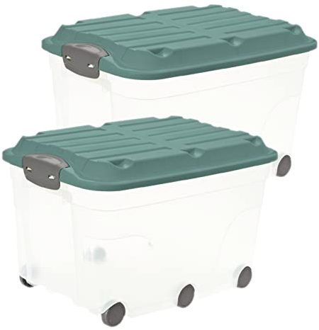 Rotho Roller 6 2er-Set Aufbewahrungsbox 57l mit Deckel und Rollen, Kunststoff (PP) BPA-frei, türkis/transparent, 2 x 57l (59.5 x 40.0 x 37.0 cm)