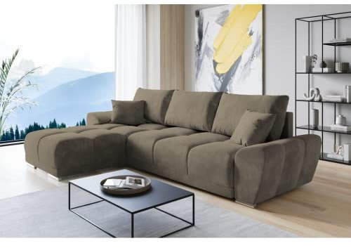 ML Furniture Velvet Ecksofa in L-Form – Beige Sofa – Couch mit Stauraum und Kissen - Ausziehbares Schlafsofa – Sofa mit Schlaffunktion - Schlafsofa mit Bettkasten – Gästebett – 289 x 189 cm