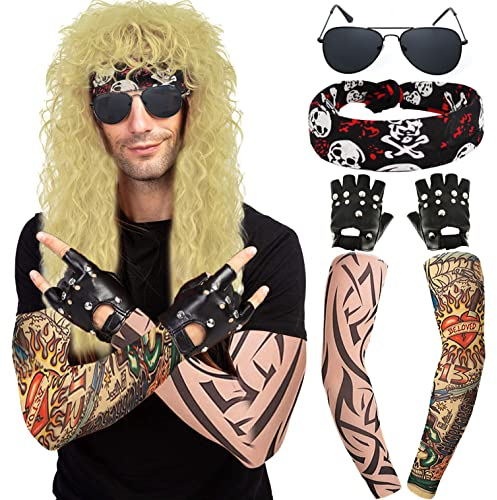 Perücke 80er Jahre Vokuhila für Herren & Damen Fasching Karneval Perücken Blond Locken Hippie Rocker 70er Jahre Heavy Metal Kostüm Mullet Mottoparty Halloween Wig Perücke DE058A