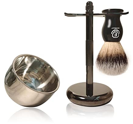 Premium Shaving Brush Kit-3 in 1 Shaving Brush Set for Men Includes Badger Synthetic Hair Shaving Brush,Stainless Steel Shaving Soap Bowl and Safety Stand for Mens Shaving Gift Set (Black)