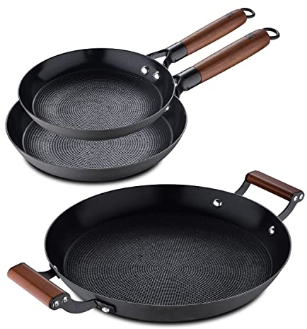 MasterPro ODIN - Kit de Cocina: Sartén 24cm y 28cm - 3 Utensilios - Hierro Prensado Resistente - Revestimiento Cerámico Antiadherente - Mangos de Acacia - Apto Todas Cocinas - Libre de PFAS