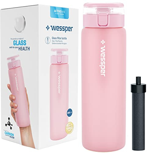 Wessper Wasserfilterflasche, Trinkflasche aus Borosilikat Glas 680 ml, BPA Frei Wasserflasche mit Filter für Kohlensäurehaltige Getränke | Filterflasche Outdoor, Aktivkohle Filter Strohhalm - Rosa