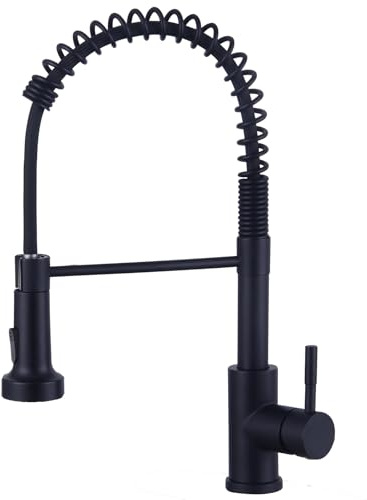 HOTTIST High Pressure Kitchen Faucet with Pull-Out Shower, High Arch Mixer Tap, 360° Rotatable, 3 Spray Functions, Spiral Spring Sink Faucet, Stainless Steel, Matt Black