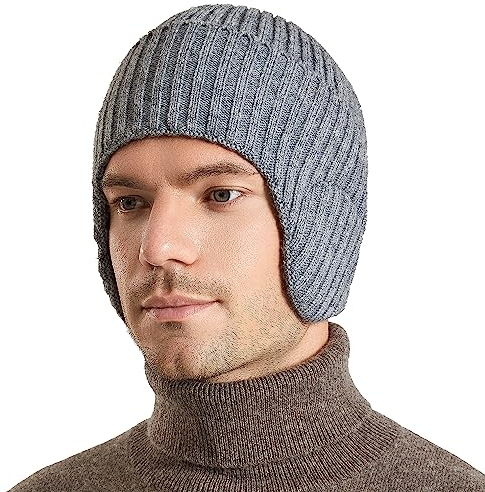 WANYIG Unisex Wintermütze Strickmütze Beanie Winter Mütze Warme Plain Hat mit 9cm Ohrenklappen für Damen und Herren(Hellgrau)