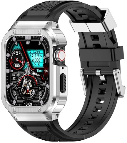 Deczone Correa con carcasa de acero inoxidable compatible con Apple Watch Series Ultra 1, 2, 3 de 49 mm, correa protectora de metal resistente para hombres (plateado)