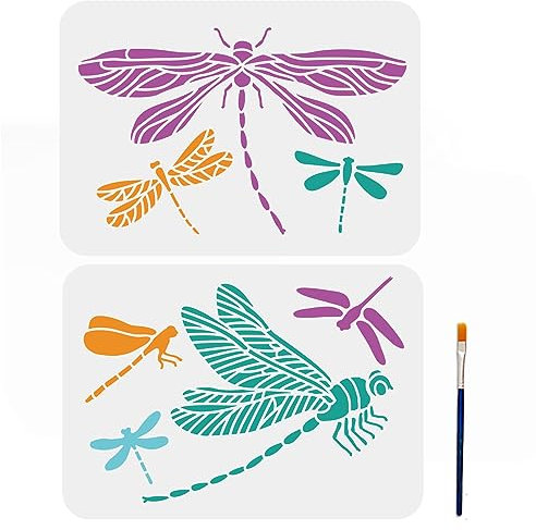 MAYJOYDIY 2 stencil a forma di libellula, insetti, libellule, 7 libellule, 30 x 20 cm, con pennello, stencil riutilizzabili per artigianato, parete, fai da te, decorazione per la casa, legno