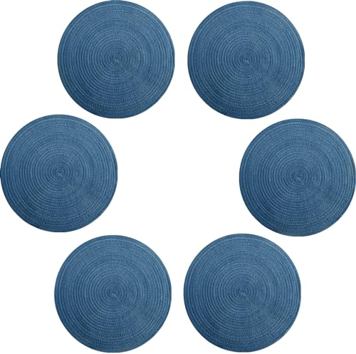 VEIZIBEE Platzsets Rund Tischsets Abwaschbar,Baumwolle Waschbar Hitzebeständig Platzdeckchen Schmutzabweisend Weihnachten Europäischer Stil,Küche Handgewebte Stoff Tischmatten von,Blau 6er-Set 38cm