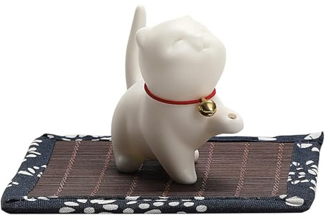 Porte-Encens Chat avec Tapis en Bambou Porte-Bâton D'encens Chat en Céramique Ornement De Bureau Porte-Cône D'encens Mignon Brûleur D'encens Mignon sans Bâton