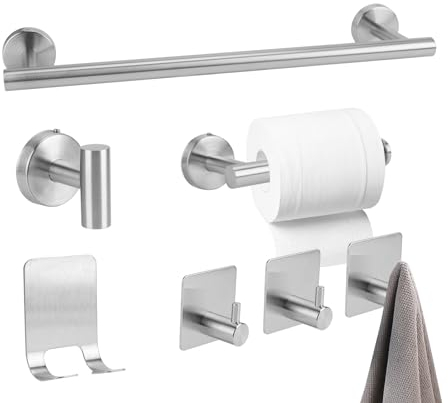 YUNYODA Toalleros de Baño, 7PCS Accesorios Baño Inoxidable con Tornillos, 3 Ganchos para Toallas y portarrollos de Papel higiénico, Accesorios de Pared para baño y Cocina, 40cm, Plata