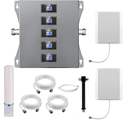 KKBSTR Amplificateur 4G Amplificateur GSM, 5 Bandes 800/900/1800/2100/2600MHz, Deux Antennes Intérieures